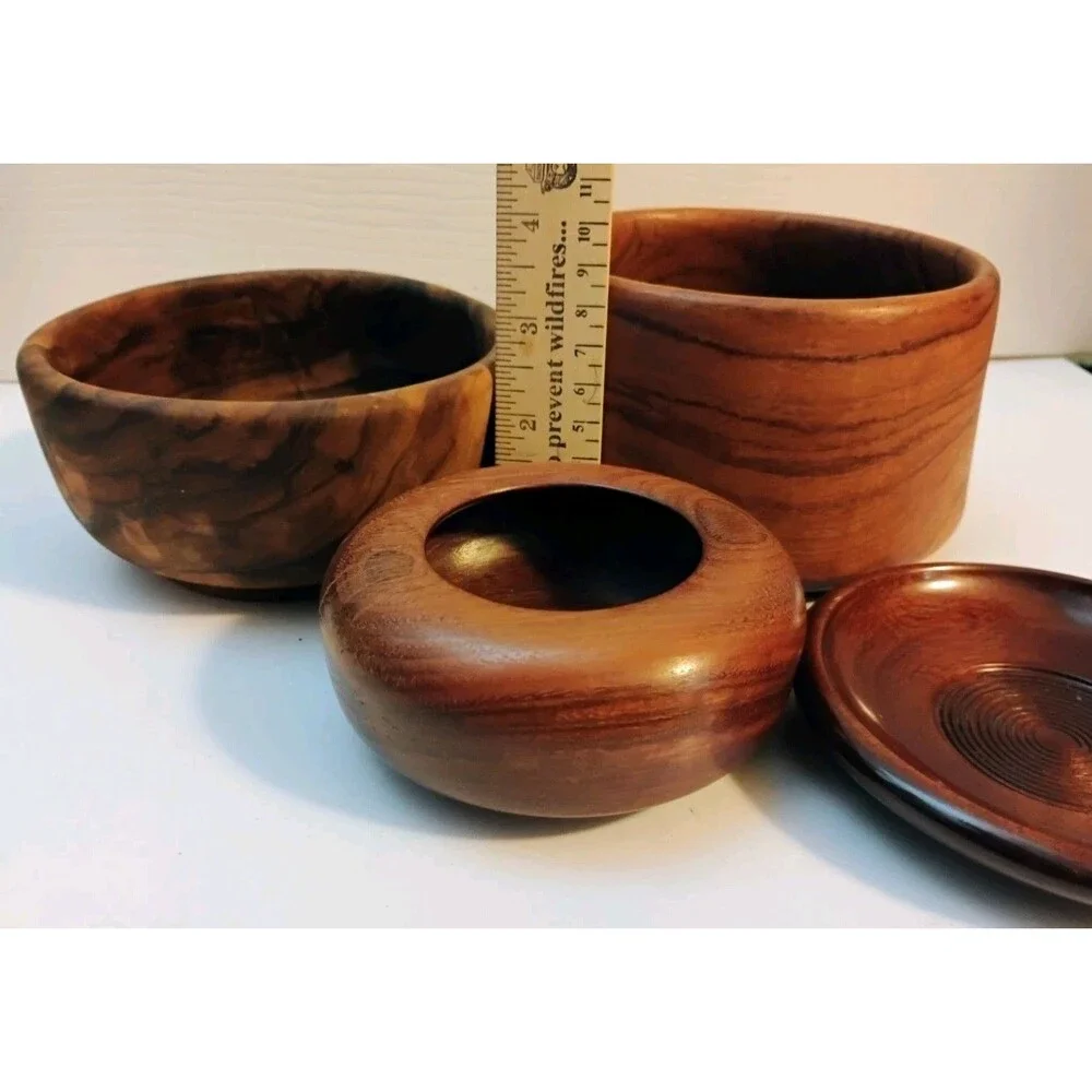 Vtg Mid Century Hand Turned Wooden Bowl Lot Myrtlewood Walnut Dishes 4Pc as-is